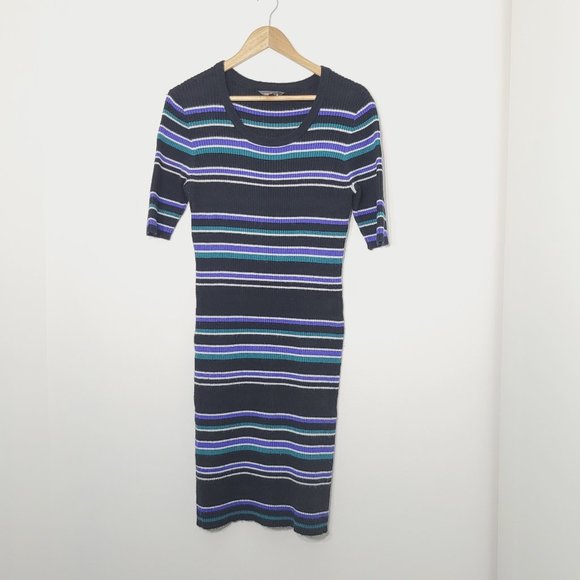 Stork & Babe Knit Maternity Black Comfy Blue Green Striped Ribbed Sweater Dress - Picture 1 of 10